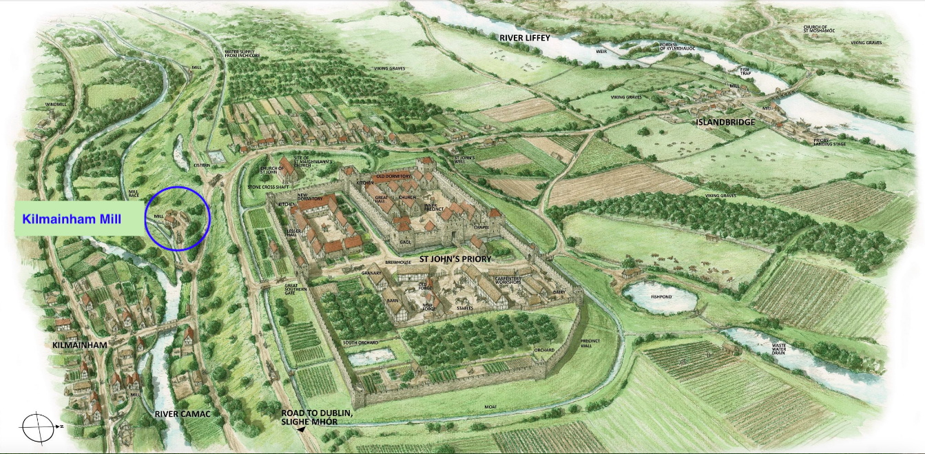 Illustration showing the reconstruction of St John's Priory in c.1340